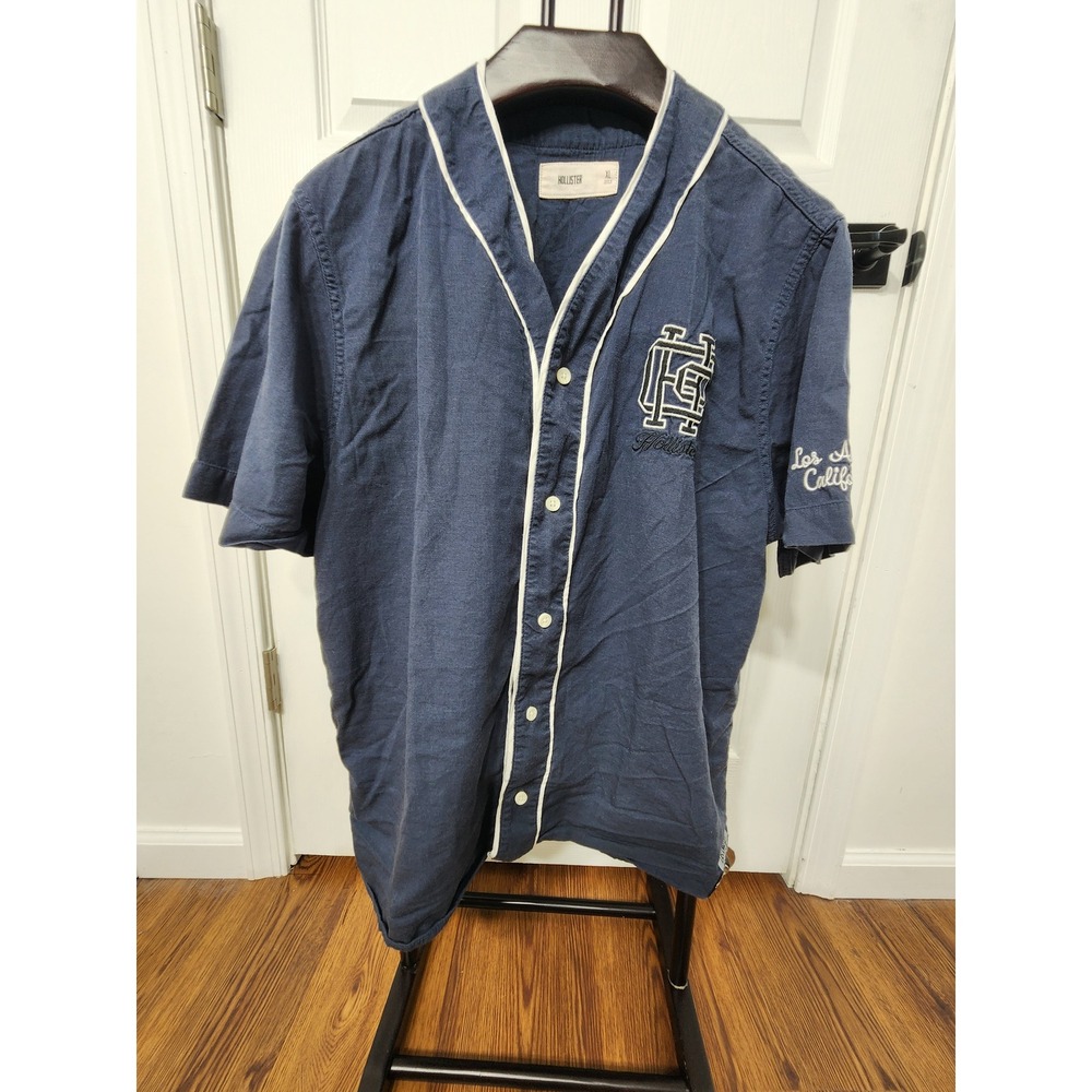 Hollister Mens XL Navy Blue Baseball Jersey Short Sleeve Button Front Shirt